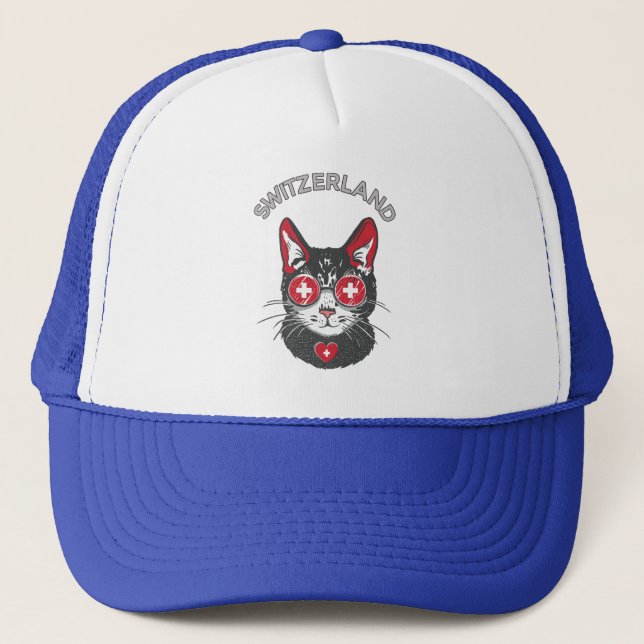Switzerland Soccer Cat Mascot Swiss Fan flag Trucker Hat (Front)