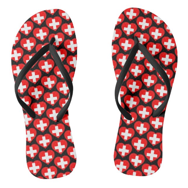 Switzerland Swiss Flag Colours Hearts Pattern Thongs (Footbed)