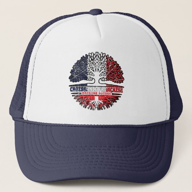 Switzerland Swiss French France Tree Roots Flag Trucker Hat (Front)