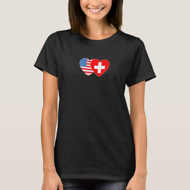 Switzerland USA Flag Twin Heart for Swiss American T-Shirt (Front)