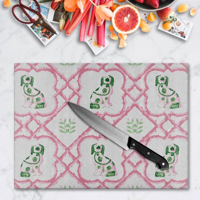 Swoon Staffordshire Dogs Trellis Pink and Green Cutting Board (Creator Uploaded)