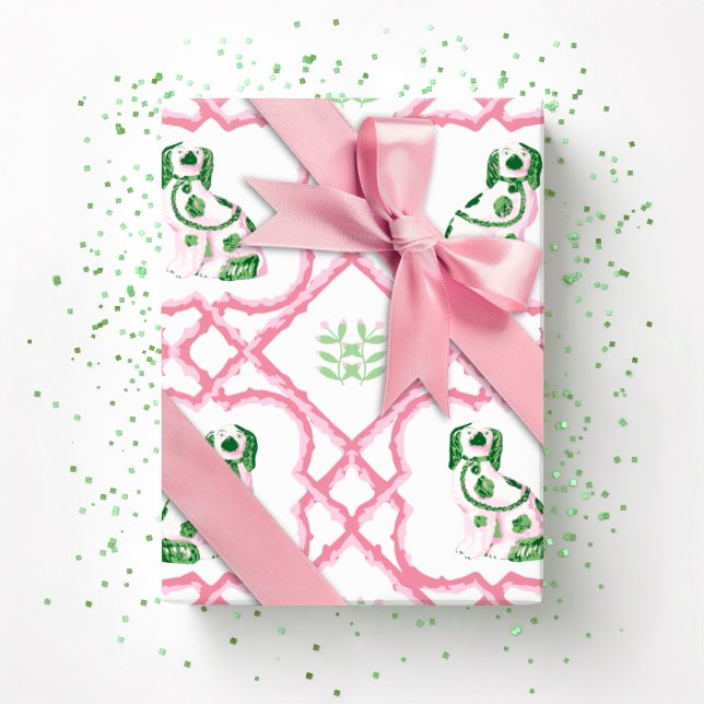 Swoon Staffordshire Dogs Trellis Pink and Green Wrapping Paper (Creator Uploaded)