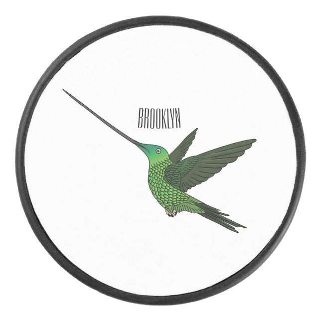 Sword-billed hummingbird cartoon illustration hockey puck (Front)