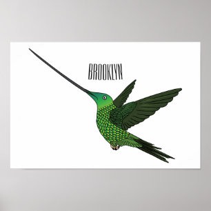 Sword-billed hummingbird cartoon illustration poster