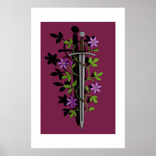 Sword & Clematis – Medieval Floral Blade Poster