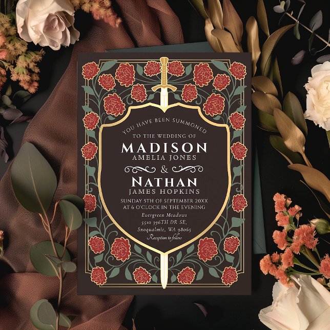 Sword & Shield Mediaeval Fantasy Monogram Wedding Invitation (Creator Uploaded)