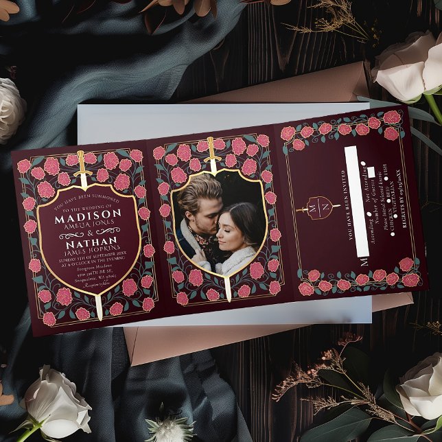 Sword & Shield Mediaeval Fantasy Monogram Wedding Tri-Fold Invitation (Creator Uploaded)