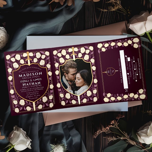 Sword & Shield Mediaeval Fantasy Wedding Red Tri-Fold Invitation (Creator Uploaded)