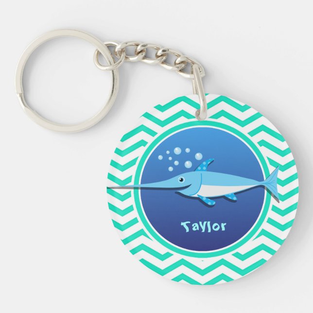 Swordfish; Aqua Green Chevron Key Ring (Front)