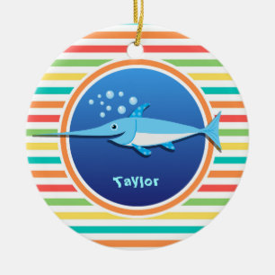 Swordfish; Bright Rainbow Stripes Ceramic Tree Decoration