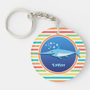 Swordfish; Bright Rainbow Stripes Key Ring