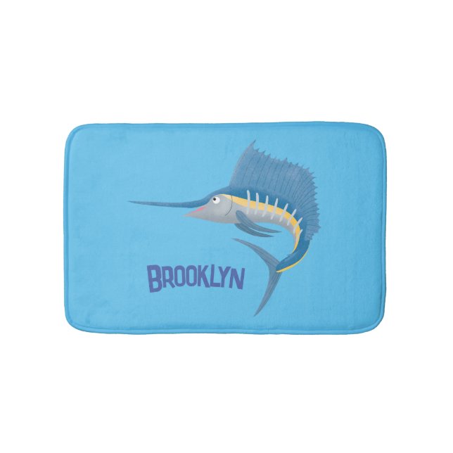 Swordfish sailfish fun cartoon illustration bath mat (Front)
