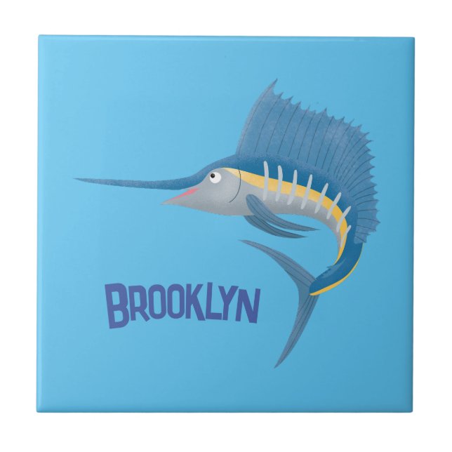 Swordfish sailfish fun cartoon illustration ceramic tile (Front)