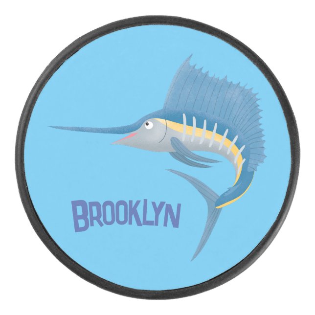 Swordfish sailfish fun cartoon illustration hockey puck (Front)
