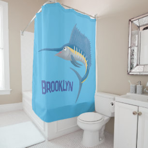 Swordfish sailfish fun cartoon illustration shower curtain