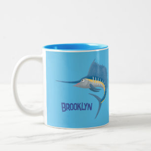 Swordfish sailfish fun cartoon illustration Two-Tone coffee mug