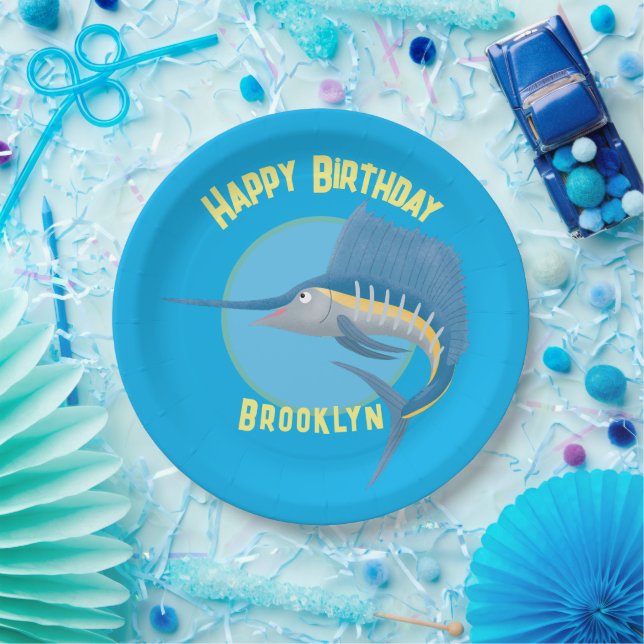 Swordfish sailfish personalised birthday cartoon  paper plate (Party)