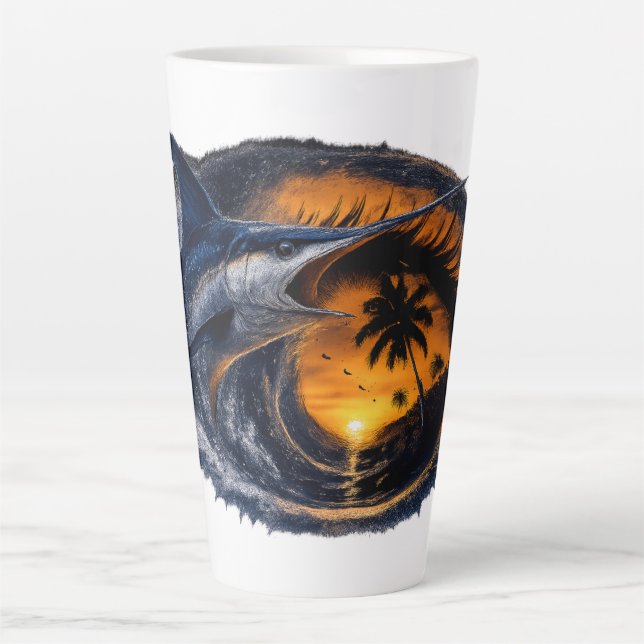 Swordfish Sunset Wave – Surreal Tropical Ocean Art Latte Mug (Front)