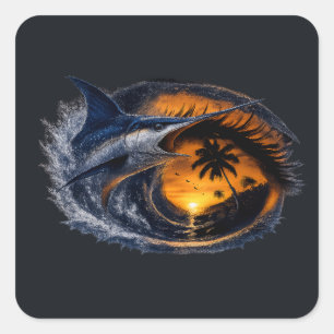 Swordfish Sunset Wave – Surreal Tropical Ocean Art Square Sticker
