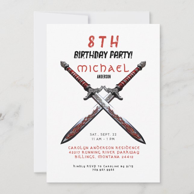  Swords Red and White Birthday Party Invitation (Front)