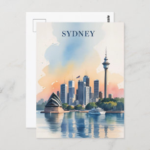 Sydney Australia Skyline watercolor Travel Postcard