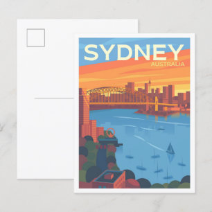 Sydney Australia Vintage Art Travel Illustration Postcard