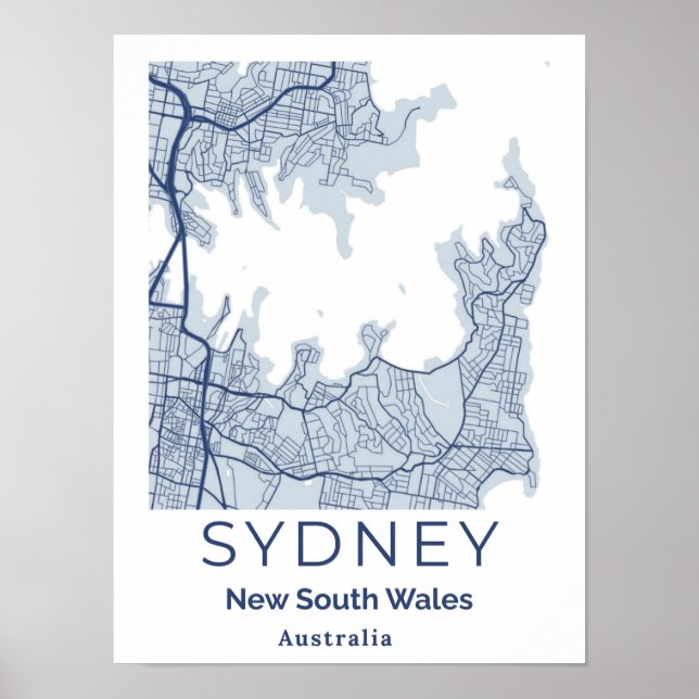 Sydney Blue Grey Mininmalist Wall Art Map  (Front)