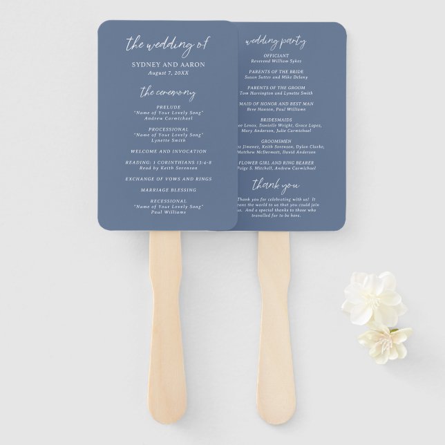 Sydney Dusty Blue Modern Wedding Program Hand Fan (Front and Back)