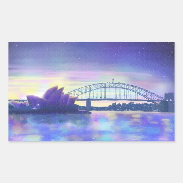 Sydney Harbor Opera House Purple Sunset Painting Rectangular Sticker (Front)