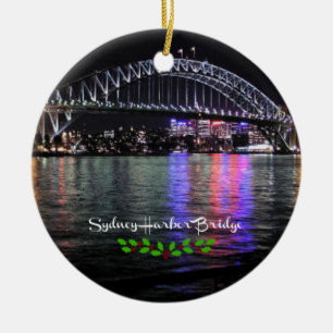 Sydney Harbour Bridge, labelled, Christmas holly Ceramic Ornament