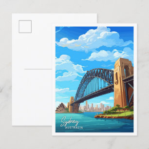 Sydney Harbour Bridge Travel Vintage Illustration Postcard