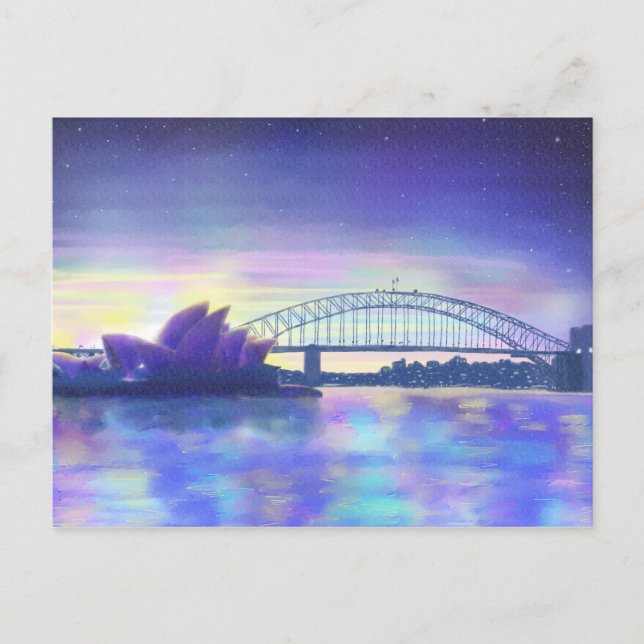 Sydney Harbour Purple Sunset Cityscape Painting Postcard (Front)