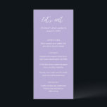 Sydney Lavender Modern Wedding Menu<br><div class="desc">Modern wedding menu featuring a contemporary typographic design with "let's eat" in elegant script typography.  Below are your event details in a your names,  wedding date and menu in a simple and minimal layout.  The colour theme is periwinkle purple and may be changed the design editing tool.</div>