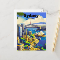 Sydney Postcard, hand drawn city card, illustrated