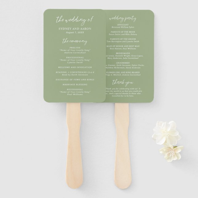 Sydney Sage Green Modern Wedding Program Hand Fan (Front and Back)