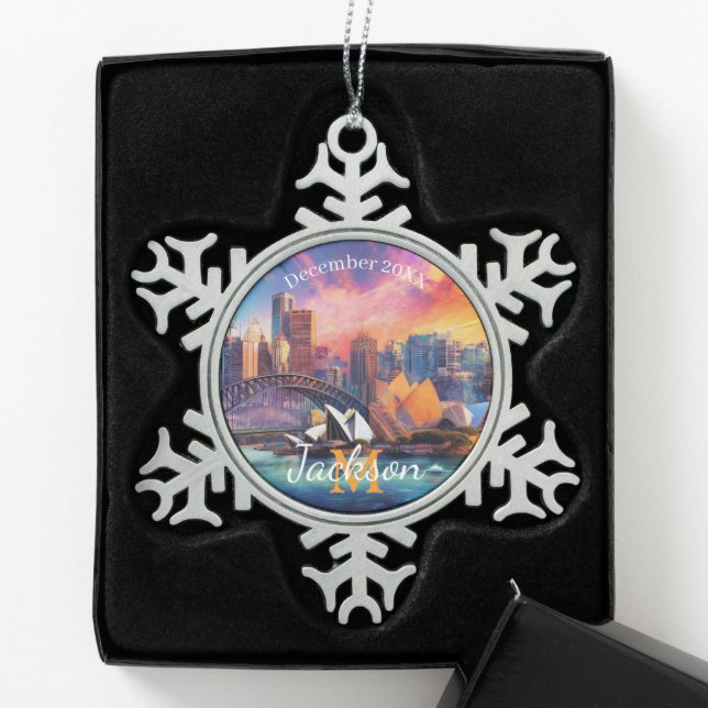 Sydney Skyline Abstract Art Snowflake Pewter Christmas Ornament (Box)