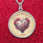 Sylish Pink Botanical My Heart Belongs To Sterling Silver Necklace<br><div class="desc">A stylish,  pink,  floral botanical design in the shape of a heart. Customisable text reading: My Heart Belongs To (add your sweetheart's name).</div>