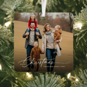 Sylish White Script Christmas Family Photo Name Metal Tree Decoration