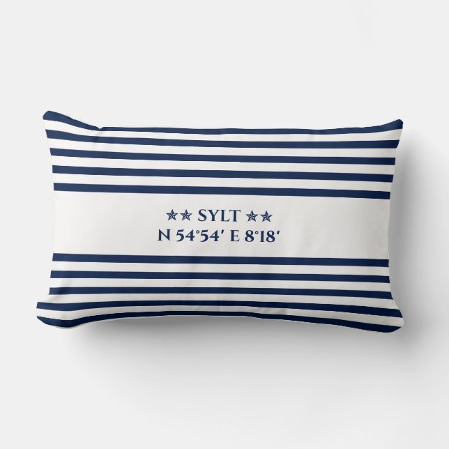 Sylt Nautical Coordinates – Blue & White Striped Lumbar Cushion (Front)