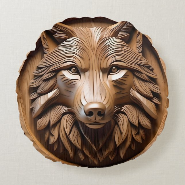 Sylvan Sentinel: The Majestic Wood Wolf Print Round Cushion (Front)