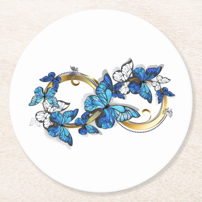 Symbol Infinity of Blue Morpho Butterflies Round Paper Coaster (Front)