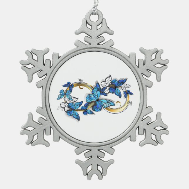 Symbol Infinity of Blue Morpho Butterflies Snowflake Pewter Christmas Ornament (Front)