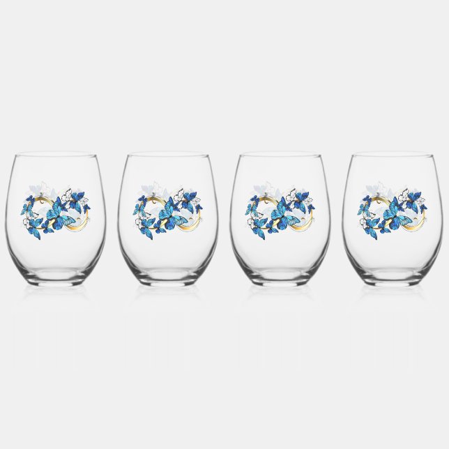 Symbol Infinity of Blue Morpho Butterflies Stemless Wine Glass (Front)