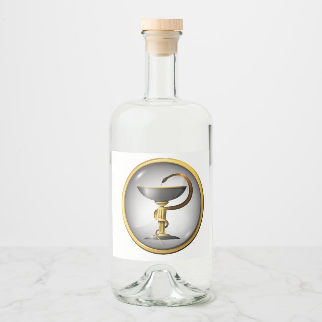 Symbol of medicine snake metal gold and silver. liquor bottle label (Front)