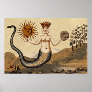 Symbolic Alchemy with Sun and Moon Sepia Poster
