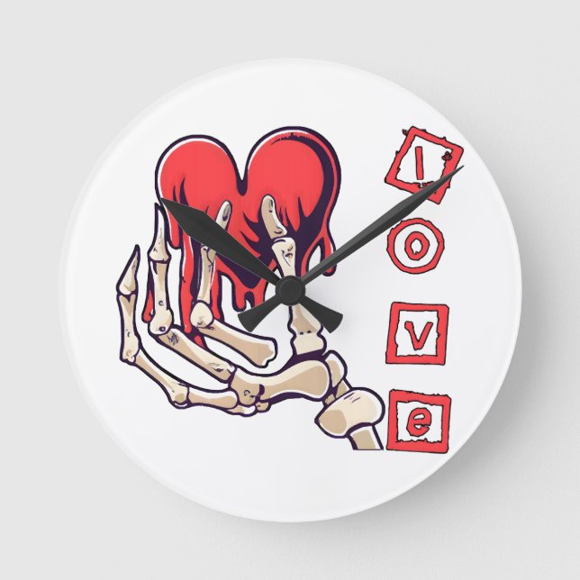 Symbolic Love Skeleton Hand Offering Heart Round Clock (Front)