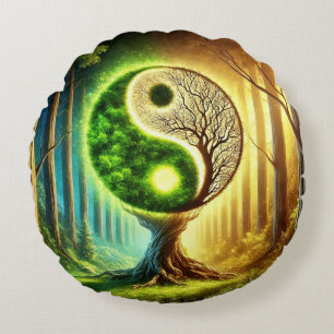 Symbolic Tree With Yin Yang Design Round Cushion