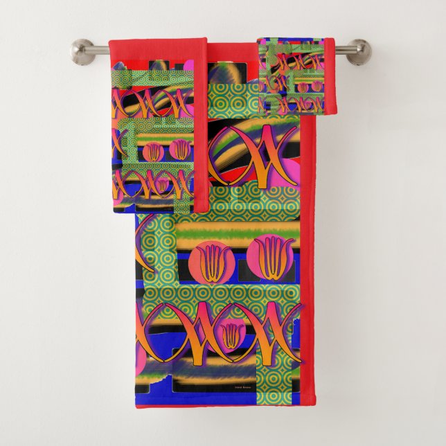 Symbols And Flora Red Trim Bath Towel Set (Insitu)