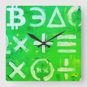 Symbols of Bitcoin (Bright Profit Green - 5) Square Wall Clock