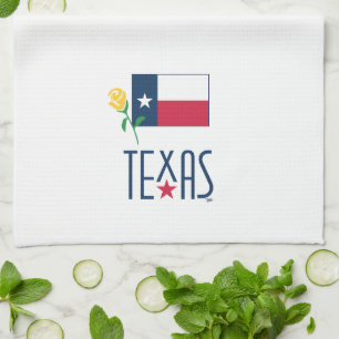 Symbols of Texas, Texas Flag and Yellow Rose Glass Tea Towel